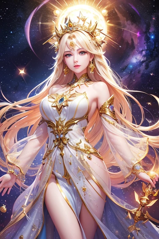 (masterpiece、Highest quality、High resolution、8K、16K)、((Alone in space、Beautiful Goddess、Standing posture、フローティング  the sky like a star))、((whole body))、Golden Cape、White long dress、No sleeve、Adorned with vibrant jewels、Gold Bracelet、Blonde middle、Beautiful brown eyes、A kind smile、Mouth closed、Elegant and detailed face、Graceful operation、Place one hand under your chest、Professional Lighting、The universe is full of light、Countless stars and nebulae、