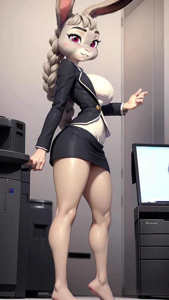 best quality, masterpiece, 3D anime, ((solo)), ((1girl)),  ((Face is JudyHopps)), (long ears like a rabbit:0.8), Heir is beige bobheir style, Body is human lady, mini skirt suit, (two-piece suit:0.5), office business suit stlye, (the suit is made of wool:1.4), suit color is {gray stripe, red, yellow, green, white, black}, ((skin is silver with fluffy and fluffy)), back view, sideways glance, In the background there is a secret room, ((She is standing in front of the photocopier, a look of surprise, blushing in the cheeks))