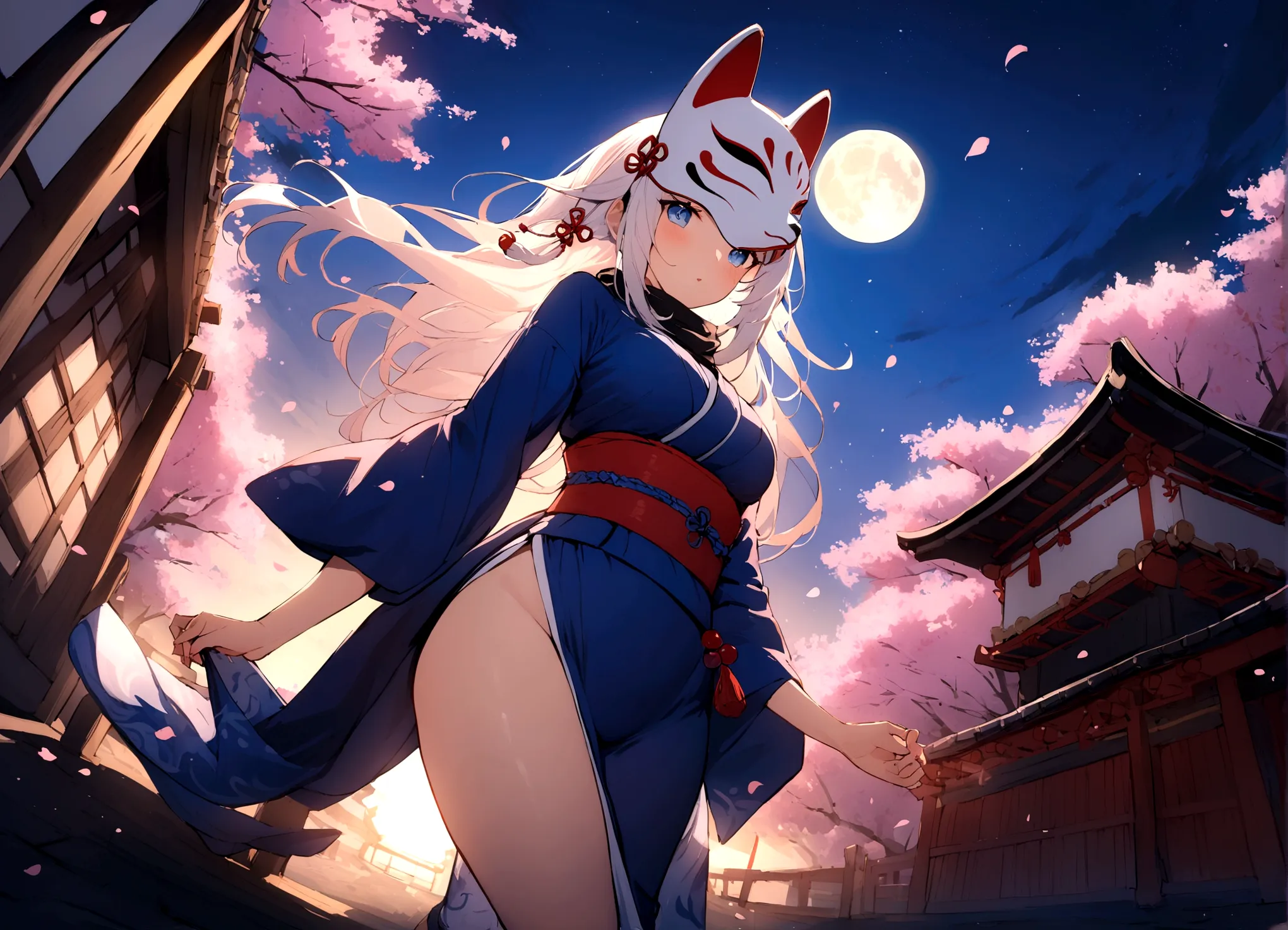 (masterpiece, best quality:1.2), 1girl, 独奏,wolf girl, fox mask, ninja, girl, long white hair, odd eyes, blue kimono, ninja girl,...