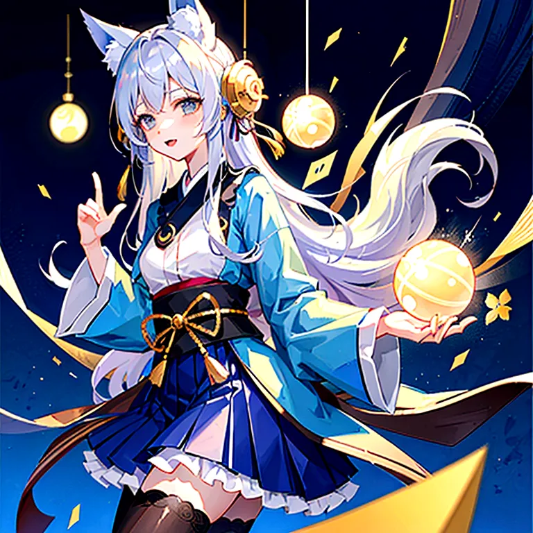Anime Style　fox　blue　White-faced golden-haired nine-tailed fox　Coat blue　　　mysterious background　Blue Flame　girl　have a ball of ...