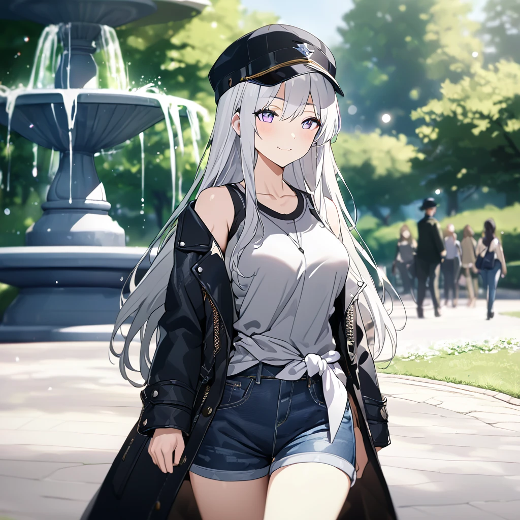 A woman wearing a casual gray shirt, sleeveless shirt, eagle symbol on the shirt, denim shorts, exposed thigh, leather boots, a jacket tied between the waist, navy blue cap, white hair, long hair, purple eyes, smiling, breasts large, walking on a sidewalk in a park, casual hat, with a decorative water fountain in the background, blurred background, daytime location. UHD , prime work , accurate , anatomically correct , textured skin , super details , high quality , best quality, 8k, high resolution, bokeh effect. (woman alone)
