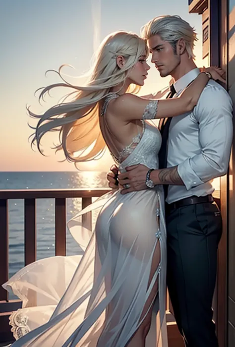A warm summer evening, sunset, light breeze, a couple will dance hugging on the deck of a luxury yacht: 1 woman (an incredibly b...