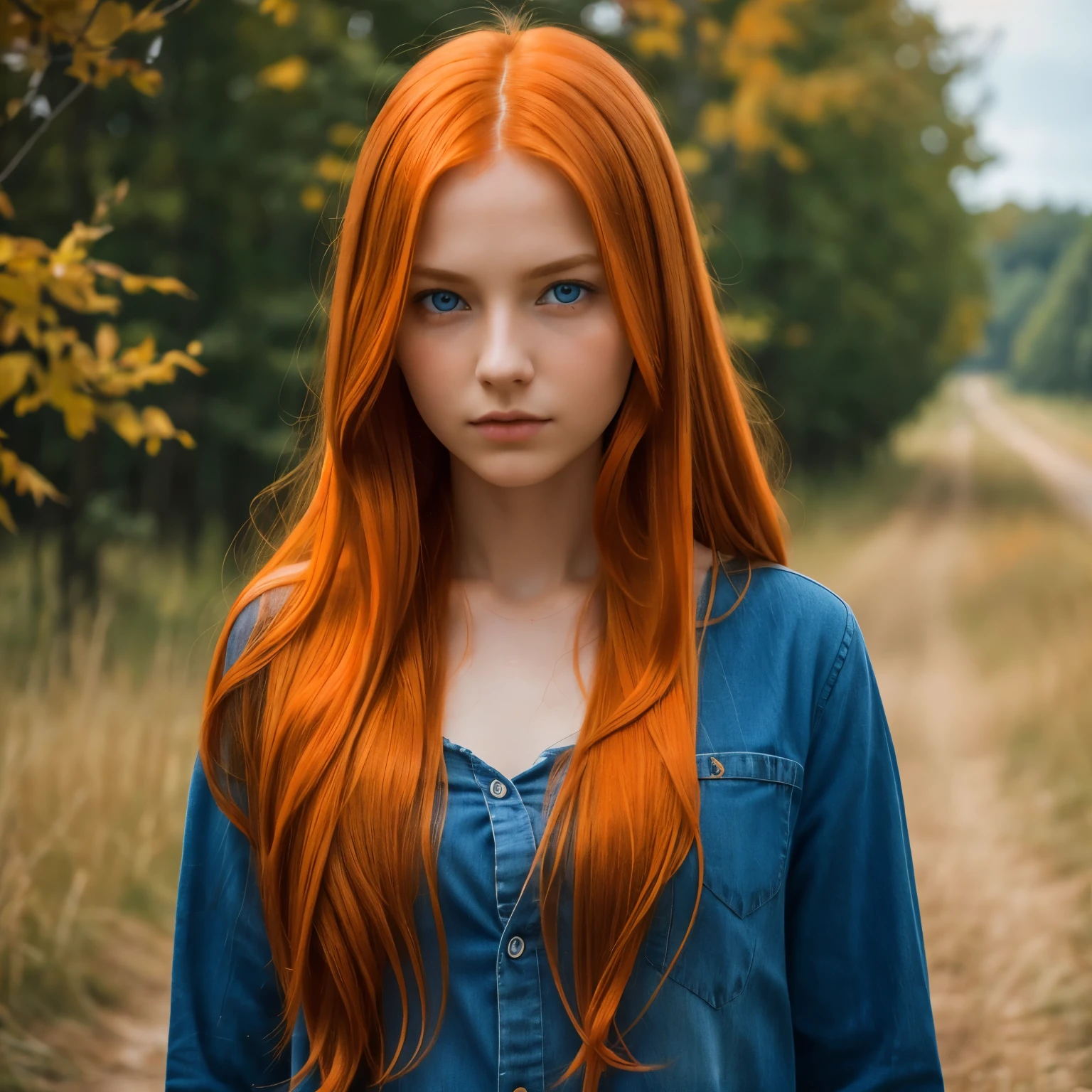 standing alone, very detailled, face detailed, pretty long hair, image of a beautiful young woman, Dasha_taran, sfw, ((natural orange hair)), beautiful natural blue eyes, High definition raw photography, 16k photo, 