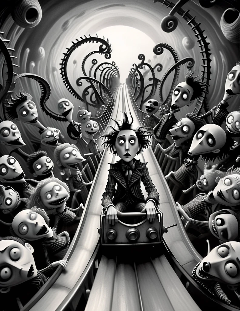 monochrome (pencil scektch:1.1),In a Tim Burton-esque carnival of the bizarre, a rollercoaster twists and turns in impossible angles, defying the laws of physics. Onboard, peculiarly dressed riders wear outfits adorned with mind-bending geometry patterns. As the rollercoaster zooms through loops and corkscrews, the patterns seem to morph and dance, creating a psychedelic spectacle that blurs the line between reality and delirium.,(hand drawn with pencil:1.15), (tim burton style:1.27), ,