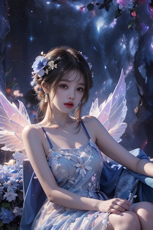 4k ultra hd, masterpiece, a girl, good face, detailed eyes, detailed lips, flower fairy girl, big wings, transparent wings, neon lights, (galaxy background:1.5), (flower dress:1.8), (indigo dress:1.5), in the heaven, sitting,