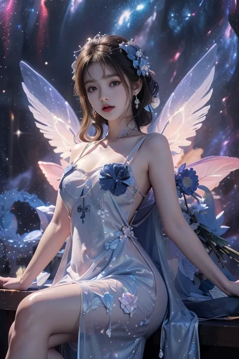4k ultra hd, masterpiece, a girl, good face, detailed eyes, detailed lips, flower fairy girl, big wings, transparent wings, neon...