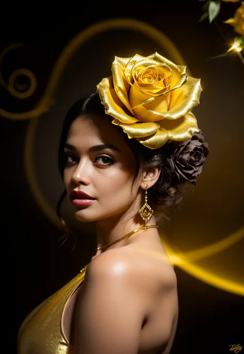
Create a bud of dark gray and gold roses filled with yellow light emanating all around
