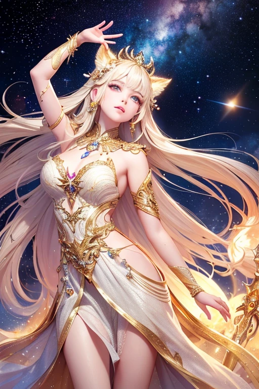 (masterpiece、Highest quality、High resolution、8K、16K)、((Alone in space、Beautiful Goddess、Standing posture、フローティング in the sky like a star))、((whole body))、Golden Cape、White long dress、No sleeve、Adorned with vibrant jewels、Gold Bracelet、Blonde middle、Beautiful brown eyes、A kind smile、Mouth closed、Elegant and detailed face、Graceful operation、Place one hand under your chest、Professional Lighting、The universe is full of light、Countless stars and nebulae、