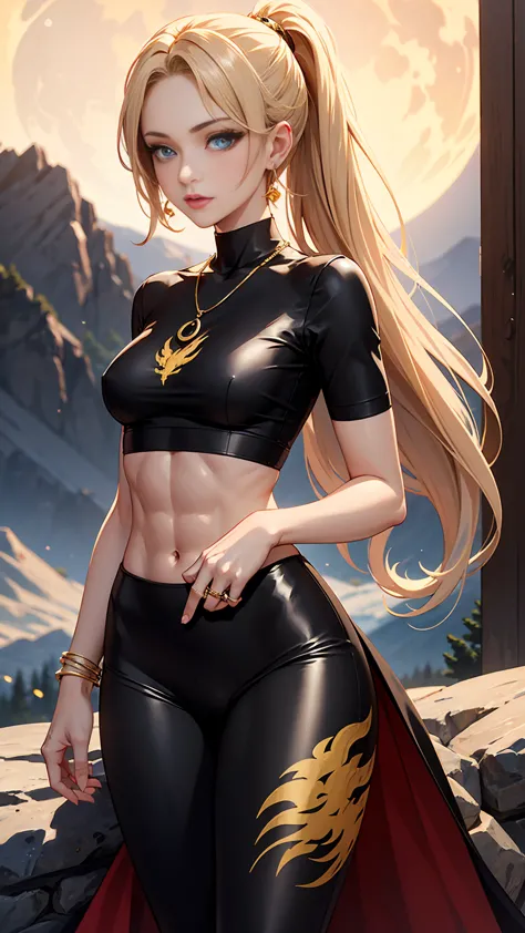 Beautiful woman with long straight ponytail blond hair with blue eyes wearing a Black Tight Leggings With Golden Dragon Prints, ...