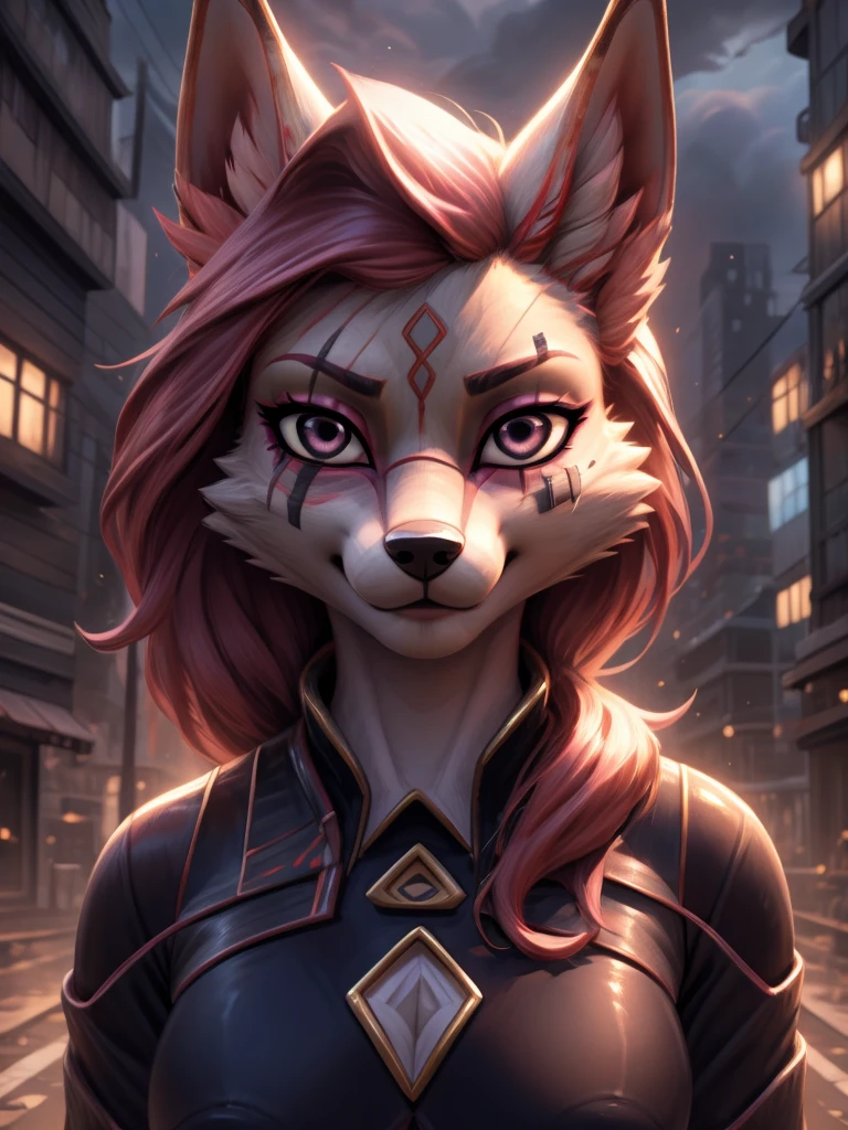 kimiko, furry female anthro, fox girl, portrait, close-up,  bodysuit,  solo, body fur, (best quality), detailed urban nature background, dramatic lighting, looking at viewer,  medium breasts, (bandaid:1.1), eye scar, 