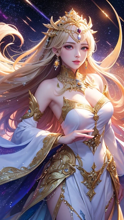 (masterpiece、Highest quality、High resolution、8K、16K)、((Alone in space、Beautiful Goddess、Standing posture、フローティング  the sky like a star))、((whole body))、Golden Cape、White long dress、No sleeve、Adorned with vibrant jewels、Gold Bracelet、Blonde middle、Beautiful brown eyes、A kind smile、Mouth closed、Elegant and detailed face、Graceful operation、Place one hand under your chest、Professional Lighting、The universe is full of light、Countless stars and nebulae、