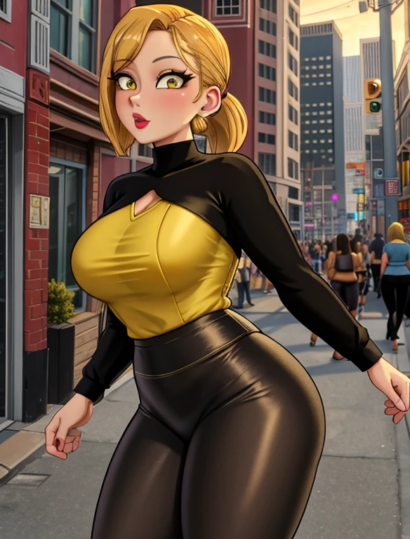 (best quality:1.3), (4K quality),masterpiece, best quality, high res, detailed, (Detailed face:1.2), (Detailed eyes:1.2), (Hourglass figure:1.2), 1girl, solo, 36-years-old, tan olive skin, short blonde hair, pony tail style, emerald eyes, eyeshadow, mascara, red lipstick, approximately 5'2 tall, she posses a fit figure, ((Wearing a yellow blouse, shiny black leggings)), standing outside on Los Angeles streets, people in the surroundings, busy atmosphere, cinematic lighting, detailed background,
