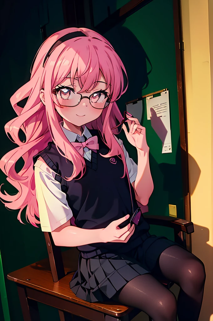 {{masterpiece}},{{Highest quality}},{{High resolution}},{{Caustics}},{{Familiar}},blush,
 smile,Louise Françoise Le Brun de La Valliere,Akabuchi Glasses,hair band,Pink Hair,Pink Eyes, 黒break skirt, shirt, bow, ribbon, , white shirt, Short sleeve, Pleated skirt, collared shirt, mini skirt, bowtie, 黒いloafers , Black Skirt, Black pantyhose, loafers, green bow, (pink sweater vest:1.5),,classroom,Sit on a chair,whole body,(Cowboy Shot:1. 5),break (masterpiece:1.2), Highest quality, High resolution, unity 8k wallpaper, (shape:0.8), (Fine and beautiful eyes:1.6), Highly detailed face, Perfect lighting, Highly detailed CG, (Perfect hands, Perfect Anatomy),