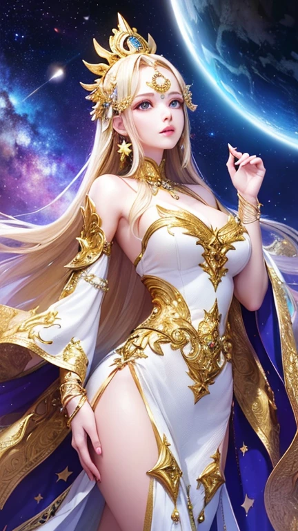 (masterpiece、Highest quality、High resolution、8K、16K)、((Alone in space、Beautiful Goddess、Standing posture、フローティング  the sky like a star))、((whole body))、Golden Cape、White long dress、No sleeve、Adorned with vibrant jewels、Gold Bracelet、Blonde middle、Beautiful brown eyes、A kind smile、Mouth closed、Elegant and detailed face、Graceful operation、Place one hand under your chest、Professional Lighting、The universe is full of light、Countless stars and nebulae、