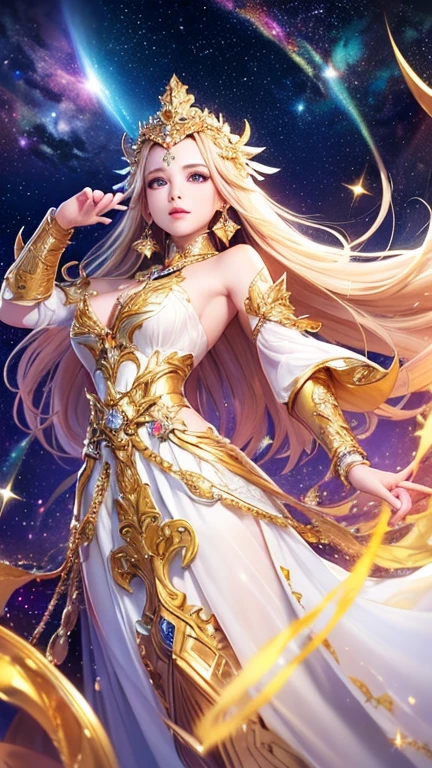 (masterpiece、Highest quality、High resolution、8K、16K)、((Alone in space、Beautiful Goddess、Standing posture、フローティング  the sky like a star))、((whole body))、Golden Cape、White long dress、No sleeve、Adorned with vibrant jewels、Gold Bracelet、Blonde middle、Beautiful brown eyes、A kind smile、Mouth closed、Elegant and detailed face、Graceful operation、Place one hand under your chest、Professional Lighting、The universe is full of light、Countless stars and nebulae、