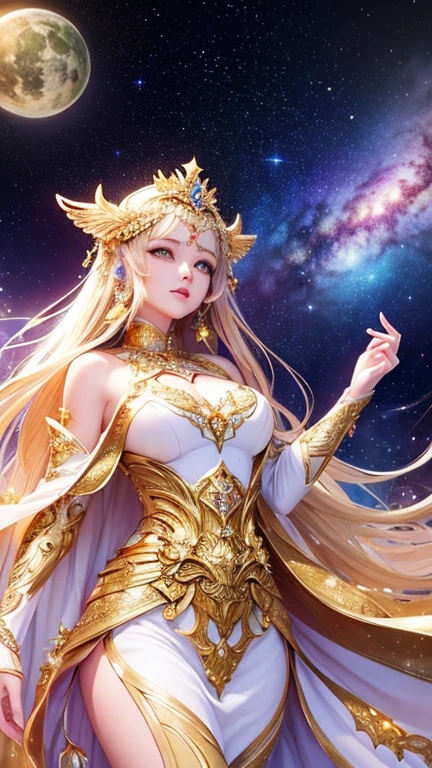 (masterpiece、Highest quality、High resolution、8K、16K)、((Alone in space、Beautiful Goddess、Standing posture、フローティング  the sky like a star))、((whole body))、Golden Cape、White long dress、No sleeve、Adorned with vibrant jewels、Gold Bracelet、Blonde middle、Beautiful brown eyes、A kind smile、Mouth closed、Elegant and detailed face、Graceful operation、Place one hand under your chest、Professional Lighting、The universe is full of light、Countless stars and nebulae、