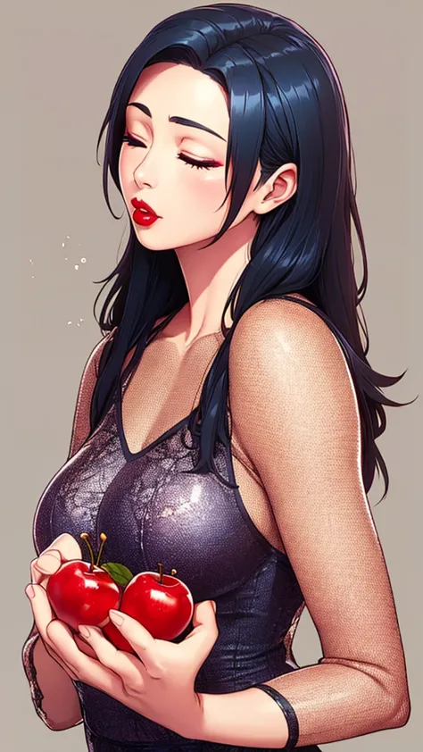 1girl,solo,long hair,simple background,black hair,holding,closed eyes,food,lips,makeup,fruit,holding food,lipstick,realistic,red...