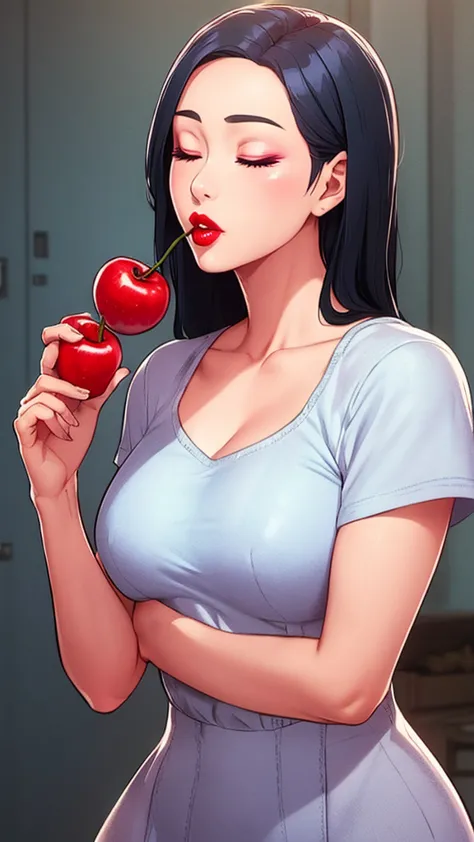 1girl,solo,long hair,simple background,black hair,holding,closed eyes,food,lips,makeup,fruit,holding food,lipstick,realistic,red...