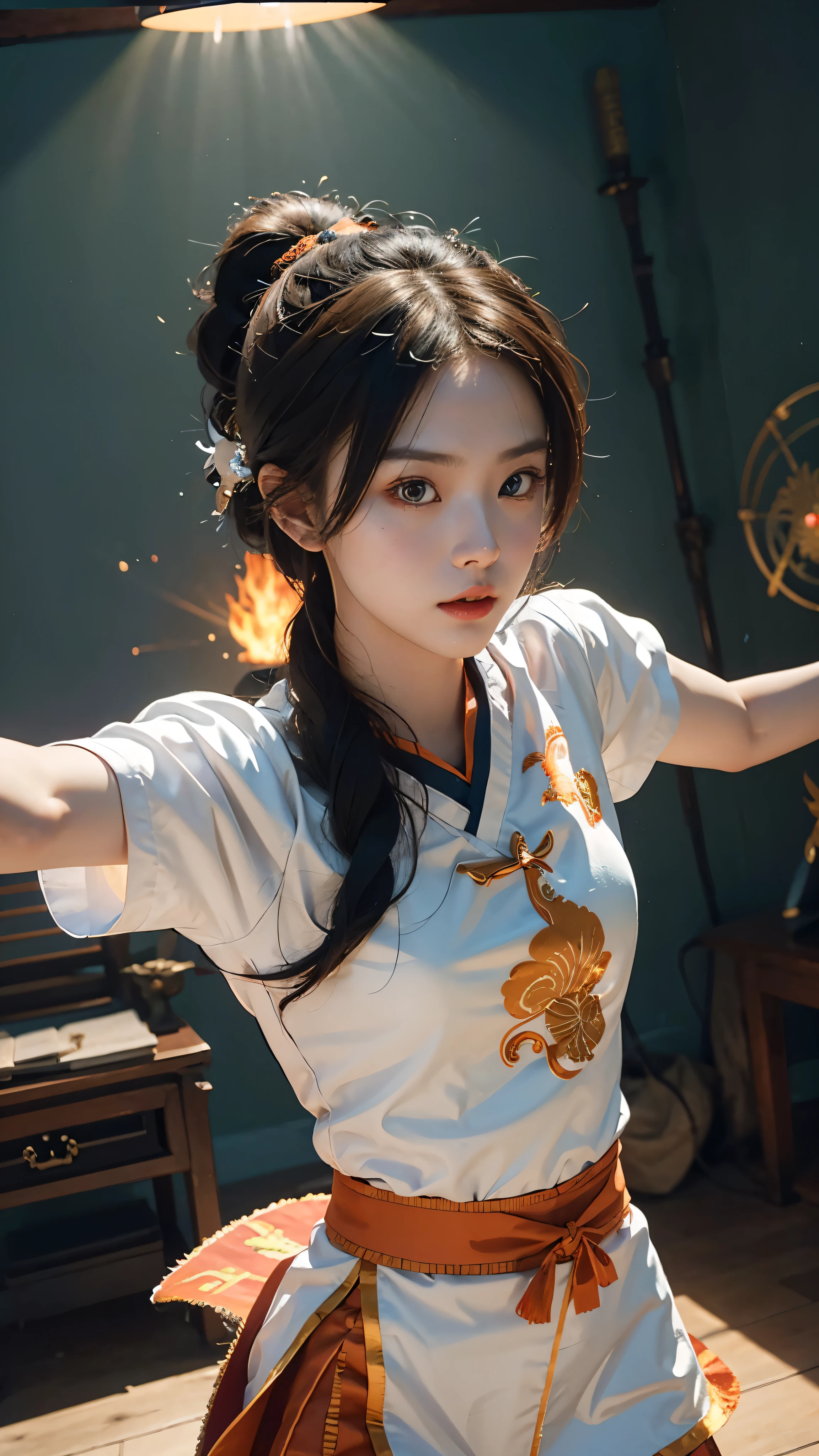 Fisheye lens with flames in the background、Chinese girl dancing sword in Tang dynasty costume、people、Upward light、Ray Tracing、Edge Light、Glow effect、Exaggerated action、Exaggerated perspective、orange、green、Realistic ultra-fine rendering style、Super detailed、Blender、Octane Adjustment