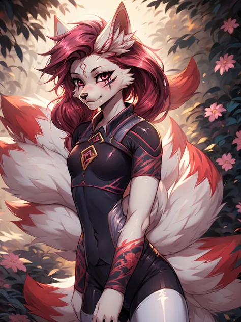 kimiko, bodysuit, multi tail, multiple tails, fox girl
white body, fur, pink and red hair, pink eyes
facial mark,  tattoo, eye s...