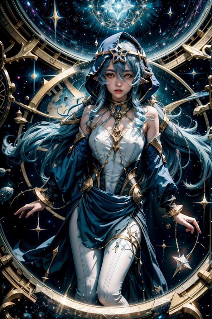 (1 girl solo, long flowy blue hair, yellow eyes, blue and white clothes, white leggings, blue hood, golden details and accessories, bare shoulders) ((fullbody shot, floating in space)) (masterpiece), (best quality:1.4), absurdres, [:intricate details:0.2], 1girl, Flowing robes, intricate magical circles, glowing map of the stars and constellations and galaxies, shimmering aura, intense focus, arcane incantations, crackling energy, levitating artifacts, flickering candles, swirling mist, sparkling stars, mystical crystals, glowing sigils, otherworldly chanting, mysterious symbols, powerful invocation, transcendent awareness, cinematic light, cinematic shot, dramatic shot, movie poster aestethic