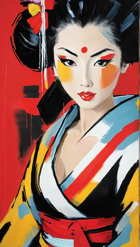 Abstract expressionist painting of a Geisha. Energetic brush, bold colors, abstract, expressive, emotional shapes