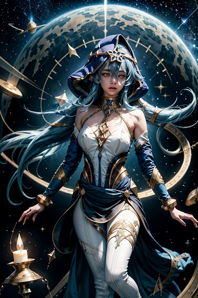 (1 girl solo, long flowy blue hair, yellow eyes, blue and white clothes, white leggings, blue hood, golden details and accessories, bare shoulders) ((fullbody shot, floating in space)) (masterpiece), (best quality:1.4), absurdres, [:intricate details:0.2], 1girl, Flowing robes, intricate magical circles, glowing map of the stars and constellations and galaxies, shimmering aura, intense focus, arcane incantations, crackling energy, levitating artifacts, flickering candles, swirling mist, sparkling stars, mystical crystals, glowing sigils, otherworldly chanting, mysterious symbols, powerful invocation, transcendent awareness, cinematic light, cinematic shot, dramatic shot, movie poster aestethic