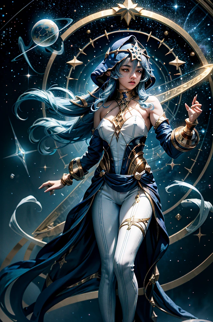 (1 girl solo, long flowy blue hair, yellow eyes, blue and white clothes, white leggings, blue hood, golden details and accessories, bare shoulders) ((fullbody shot, floating in space)) (masterpiece), (best quality:1.4), absurdres, [:intricate details:0.2], 1girl, Flowing robes, intricate magical circles, glowing map of the stars and constellations and galaxies, shimmering aura, intense focus, arcane incantations, crackling energy, levitating artifacts, flickering candles, swirling mist, sparkling stars, mystical crystals, glowing sigils, otherworldly chanting, mysterious symbols, powerful invocation, transcendent awareness, cinematic light, cinematic shot, dramatic shot, movie poster aestethic