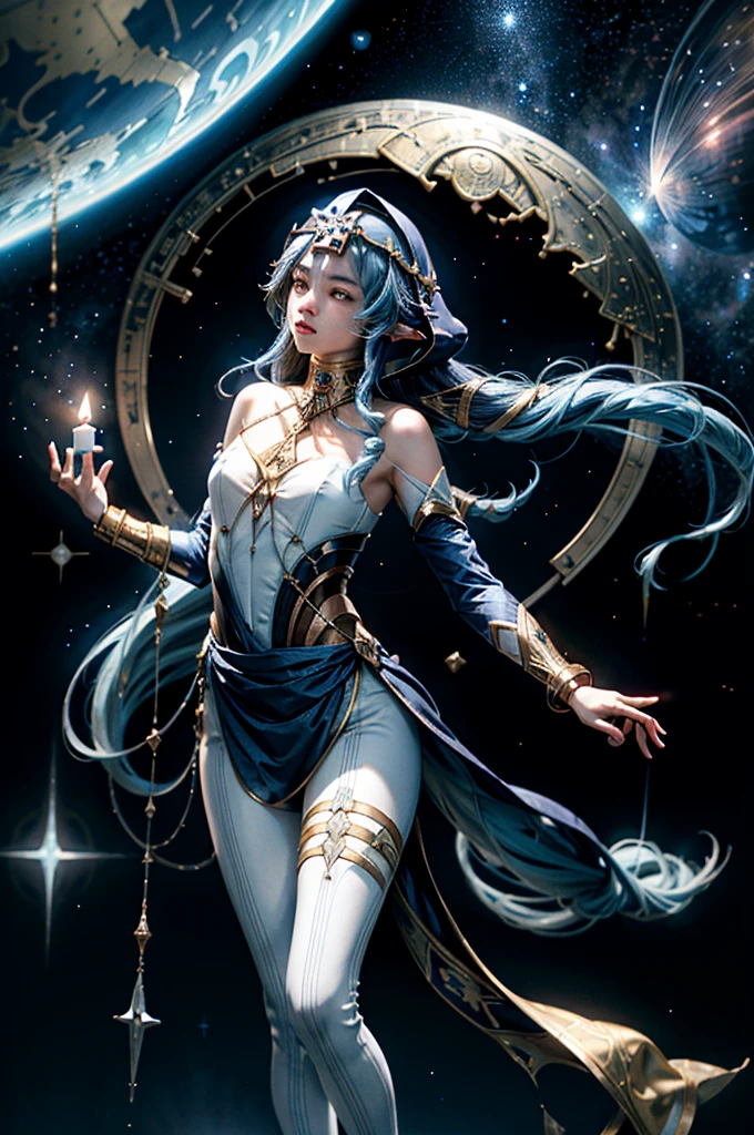 (1 girl solo, long flowy blue hair, yellow eyes, blue and white clothes, white leggings, blue hood, golden details and accessories, bare shoulders) ((fullbody shot, floating in space)) (masterpiece), (best quality:1.4), absurdres, [:intricate details:0.2], 1girl, Flowing robes, intricate magical circles, glowing map of the stars and constellations and galaxies, shimmering aura, intense focus, arcane incantations, crackling energy, levitating artifacts, flickering candles, swirling mist, sparkling stars, mystical crystals, glowing sigils, otherworldly chanting, mysterious symbols, powerful invocation, transcendent awareness, cinematic light, cinematic shot, dramatic shot, movie poster aestethic