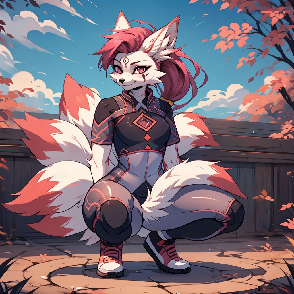 kimiko, bodysuit, multi tail, multiple tails, fox girl
white body, fur, pink and red hair, pink eyes
facial mark,  tattoo, eye scar, tied hair, ponytail, by fumiko, by hyattlen, flat colors, she is squatting, outdoors, 