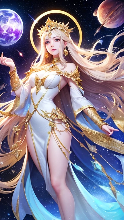 (masterpiece、Highest quality、High resolution、8K、16K)、((Alone in space、Beautiful Goddess、Standing posture、フローティング in the sky like a star))、((whole body))、Golden Cape、White long dress、No sleeve、Adorned with vibrant jewels、Gold Bracelet、Blonde middle、Beautiful brown eyes、A kind smile、Mouth closed、Elegant and detailed face、Graceful operation、Place one hand under your chest、Professional Lighting、The universe is full of light、Countless stars and nebulae、