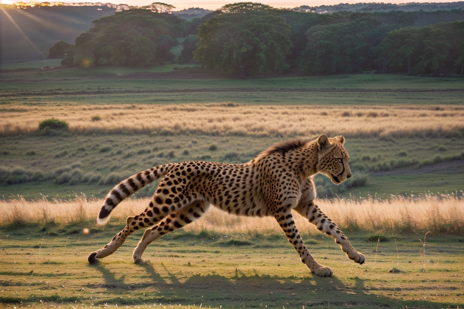 (best quality,4k,8k,highres,masterpiece:1.2),ultra-detailed,(realistic,photorealistic,photo-realistic:1.37),cheetah,muscular defined body,sharp intense eyes,running across grassland,sunset rays,high-speed motion blur,wildlife photography,rich details,HD quality,3D rendering,vivid colors,studio lighting