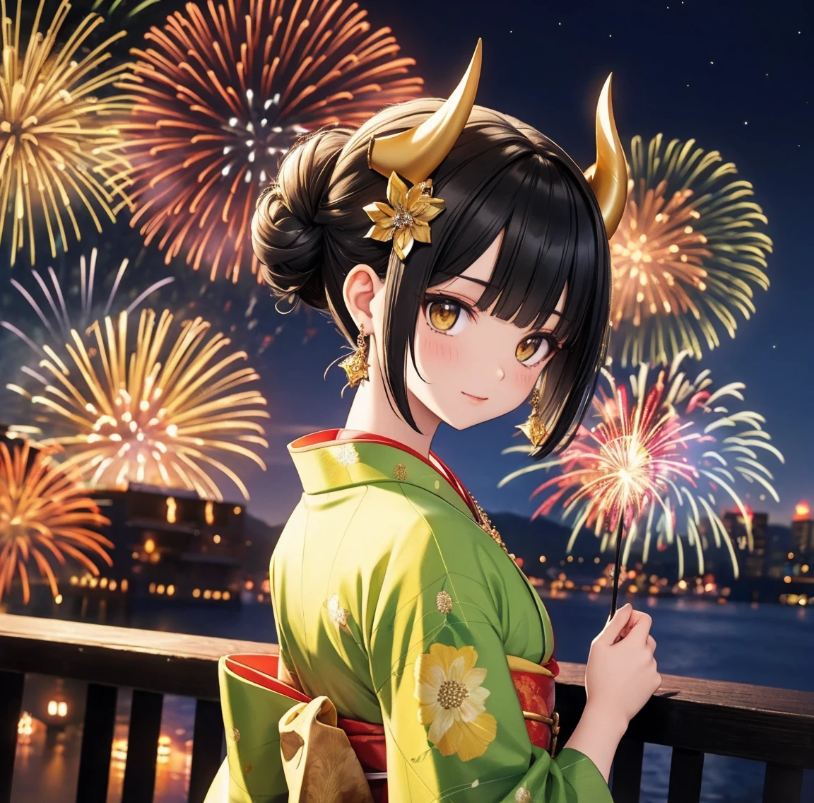 1 person、Green gorgeous kimono、,race,Black Hair、Short bun hair、hair ornaments、necklace、back、Golden devil horns、Anatomically correct,Fireworks in the night sky、