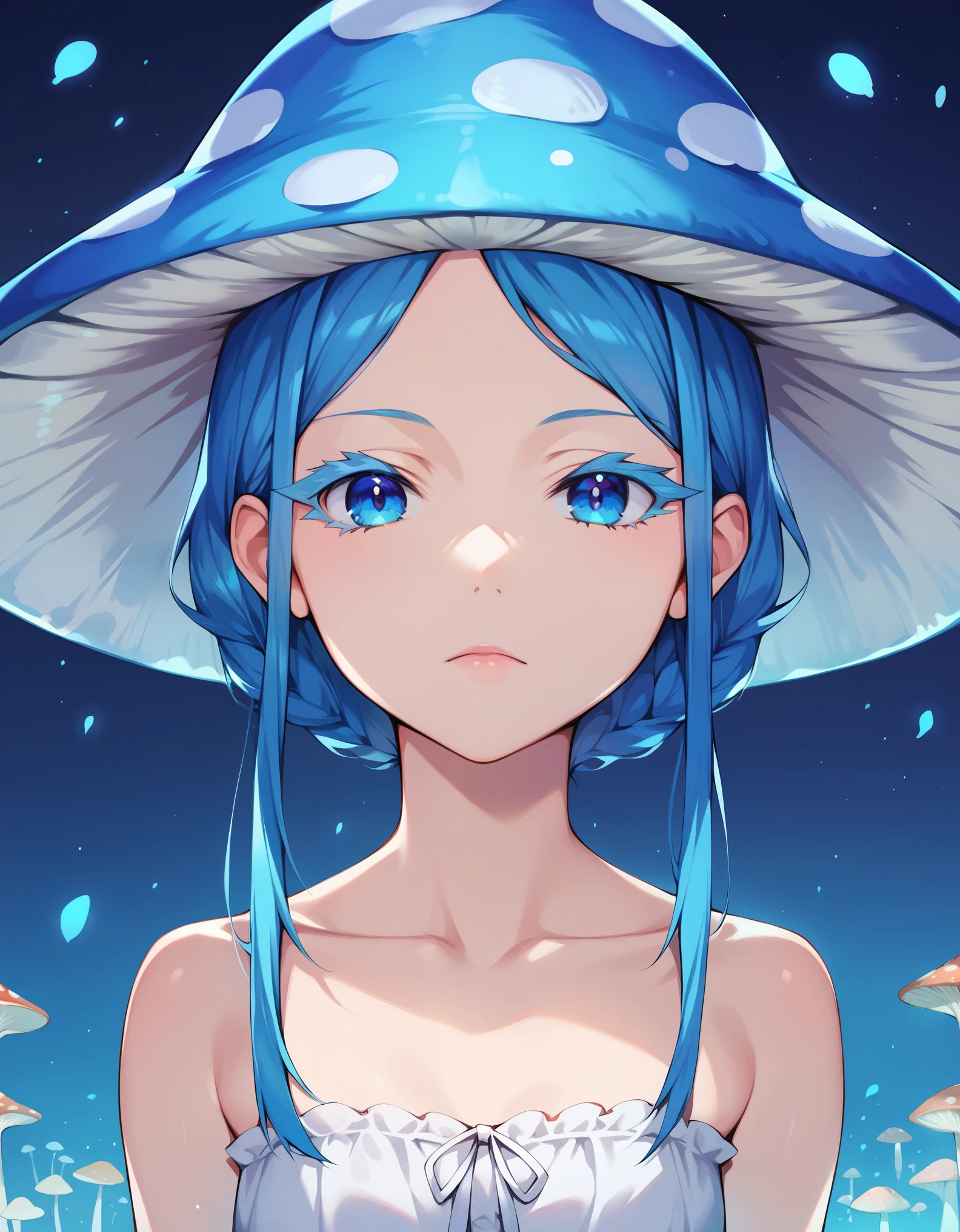 score_9, score_8_up, score_7_up, score_6_up, source anime,
mushroom girl, 1girl, bare shoulders, blue theme, jirai kei, colored eyelashes,
blue eyes, looking at viewer, closed mouth,
collarbone, facing viewer, light particles, mushroom, mushroom hat, personification, solo,
from above ,
close-up,
