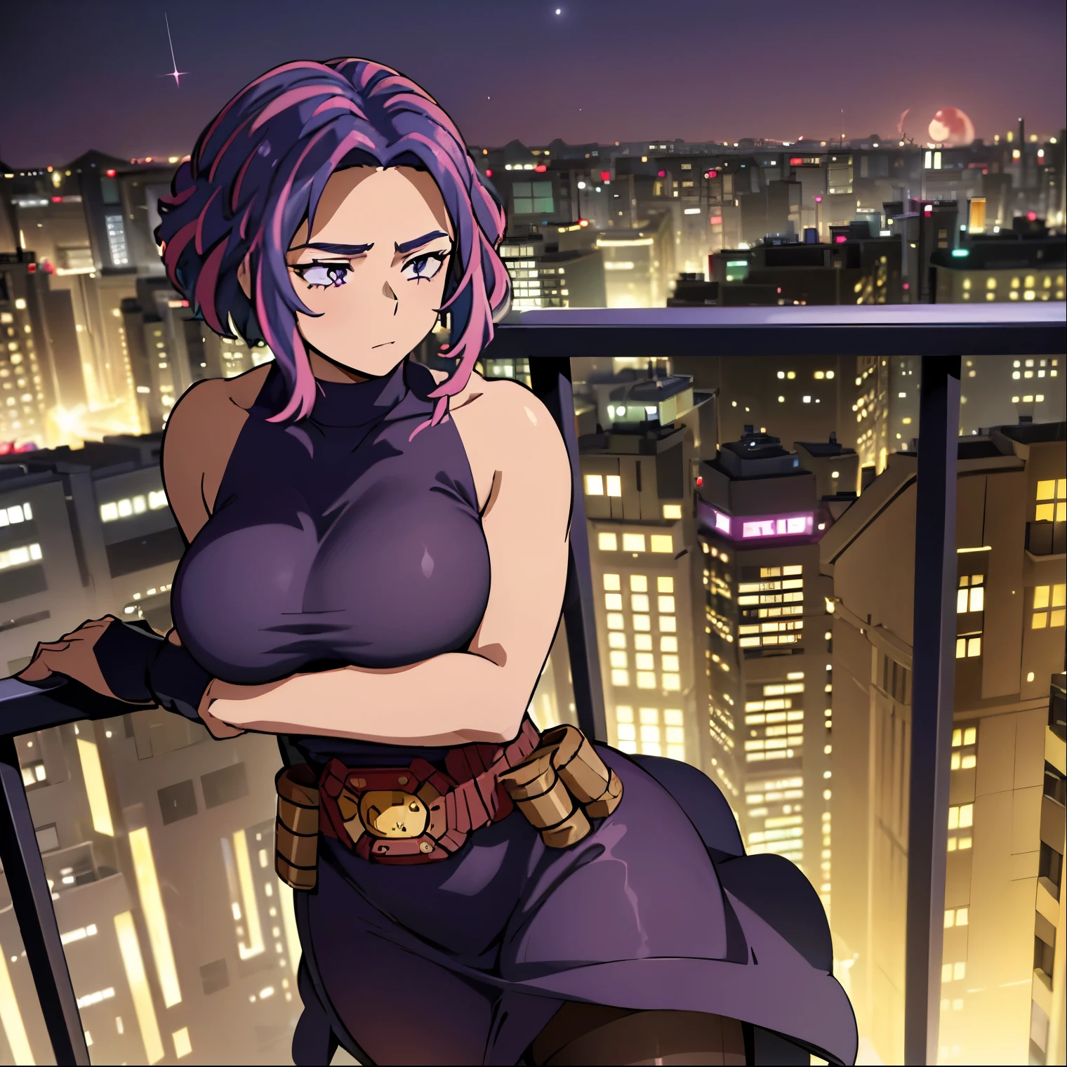 1 girl, alone, lady nagant, (masterpiece, best quality, ultra detailed, beautiful illustration), atmospheric perspective, depth of field, dynamic pose, curvy body, looking at viewer, beautiful detailed eyes, anime eyes, (shot cowboy), sexy body, (outdoor, night, giant moon, tokyo, metropolis), 1 girl, neutral expression, mature woman, (huge breasts, medium waist, wide hips, medium thighs, round butt), Nagant, hair purple, purple eyes, multicolored hair, short hair, sleeveless, hair with highlights, pink hair, medium hair, bare shoulders, two-color hair, ((black dress)), sleeveless, open back, (hands on waist: 1.2 )), slight blush, (standing_arched back: 1.2), (wearing sweater: 1.2), (black stockings: 1.2), thighs, bright pupils, white pupils, bangs, front view, ((focus on ass)), pov(from below), (on top of an apartment:1.5, leaning on a railing:1.5, city view:1.5, city lights:1.5), perfect hands, perfect anatomy,