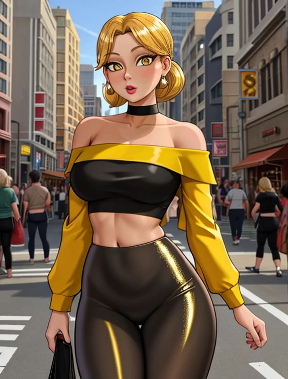 (best quality:1.3), (4K quality),masterpiece, best quality, high res, detailed, (Detailed face:1.2), (Detailed eyes:1.2), (Hourglass figure:1.2), 1girl, solo, 36-years-old, tan olive skin, short blonde hair, pony tail style, emerald eyes, eyeshadow, mascara, red lipstick, medium breasts, ((Wearing a yellow off-shoulder top, shiny black leggings)), standing outside on Los Angeles streets, people in the surroundings, busy atmosphere, cinematic lighting, detailed background,
