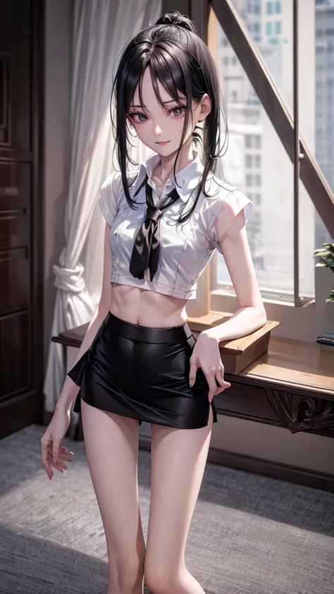 RAW, masterpiece, best quality, extremely detailed, 8k, HDR, photorealistic, intricate, (A skinny Korean girl), (black straight ...