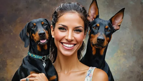 half  body,
a woman smile  with her best friend her doberman,
dark complex background, style by thomas kinkade+david a. hardy+ca...