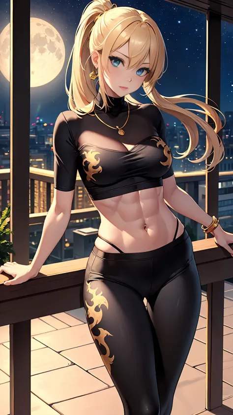 Beautiful woman with long straight ponytail blond hair with blue eyes wearing a Black Tight Leggings With Golden Dragon Prints, ...