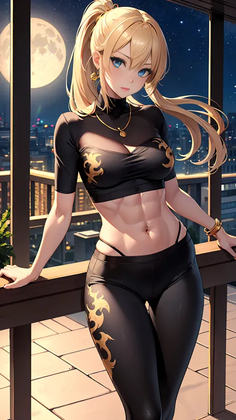 beautiful woman with long straight ponytail blond hair with blue eyes wearing a black tight leggings with golden dragon prints, ...