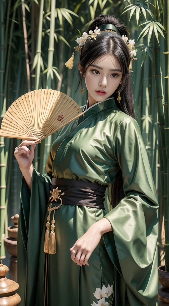 (masterpiece:1.2),best quality,PIXIV,Chinese style,hair ornament,solo,jewelry,black hair,white flower,long hair,A close-up of a boy in a bamboo forest, long black hair, ponytail, green headdress, carrying a lantern, bamboo leaves falling, hazy smoke, green Hanfu,23 year old boy,1boy,pretty 23 year old boy,professional boy photo, photo of boy 23 years old, thin boy,mature beautiful face,fair skin,super scale, 24k,hdr,perfect body boy,blush, big Ogi folding fan,parted lips,black eyes,tassel,lips,chinese clothes,pretty boy