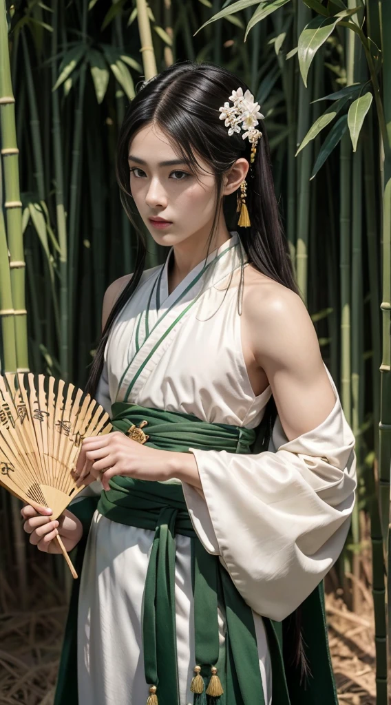 (masterpiece:1.2),best quality,PIXIV,Chinese style,hair ornament,solo,jewelry,black hair,white flower,long hair,A close-up of a boy in a bamboo forest, long black hair, ponytail, green headdress, carrying a lantern, bamboo leaves falling, hazy smoke, green Hanfu,23 year old boy,1boy,pretty 23 year old boy,professional boy photo, photo of boy 23 years old, thin boy,mature beautiful face,fair skin,super scale, 24k,hdr,perfect body boy,blush, big Ogi folding fan,parted lips,black eyes,tassel,lips,chinese clothes,pretty boy