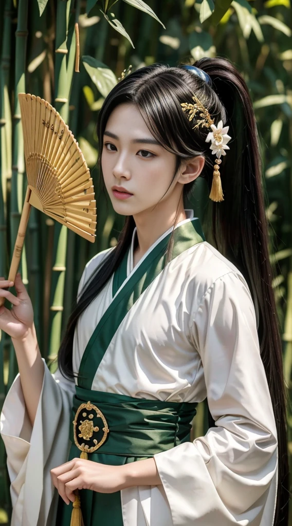 (masterpiece:1.2),best quality,PIXIV,Chinese style,hair ornament,solo,jewelry,black hair,white flower,long hair,A close-up of a boy in a bamboo forest, long black hair, ponytail, green headdress, carrying a lantern, bamboo leaves falling, hazy smoke, green Hanfu,23 year old boy,1boy,pretty 23 year old boy,professional boy photo, photo of boy 23 years old, thin boy,mature beautiful face,fair skin,super scale, 24k,hdr,perfect body boy,blush, big Ogi folding fan,parted lips,black eyes,tassel,lips,chinese clothes,pretty boy