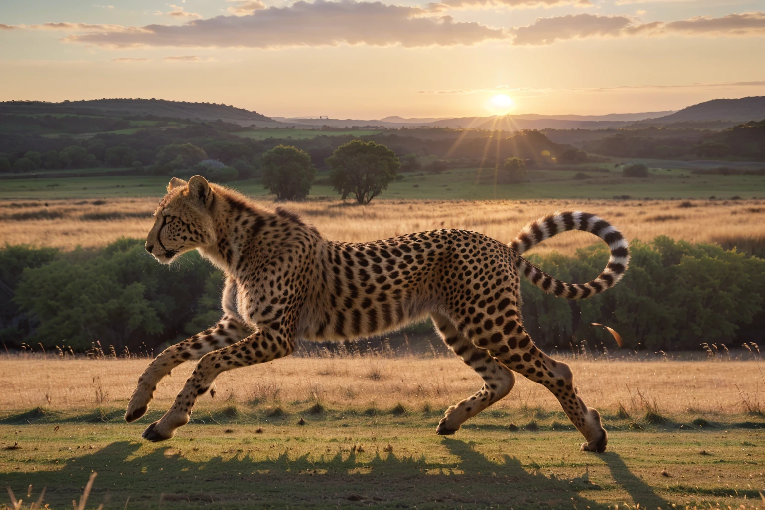 (best quality,4k,8k,highres,masterpiece:1.2),ultra-detailed,(realistic,photorealistic,photo-realistic:1.37),cheetah,muscular defined body,sharp intense eyes,running across grassland,sunset rays,high-speed motion blur,wildlife photography,rich details,HD quality,3D rendering,vivid colors,studio lighting