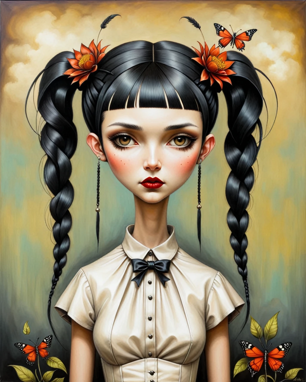 origami style in the style of esao andrews,esao andrews style,esao andrews art,esao andrewsa painting of a girl gothic wednesday addams pale black hair two braids style of esao andrews, andrews esao artstyle, inspired by Esao Andrews, esao andrews ornate, by Esao Andrews, esao andrews, inspired by ESAO, by ESAO, lori earley, shrubs and flowers esao andrews, benjamin lacombe, 1girl, bug in the style of esao andrews, esao andrews . paper art, pleated paper, folded, origami art, pleats, cut and fold, centered composition