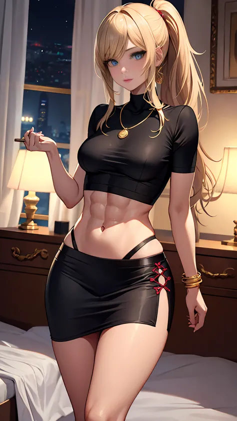 Beautiful woman with long straight ponytail blond hair with blue eyes wearing a Black Tight Skirt With Golden Dragon Prints, a R...