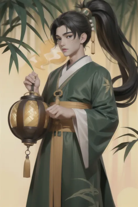 (masterpiece:1.2),best quality,pixiv,chinese style,hair ornament,solo,jewelry,black hair,long hair,boy in a bamboo forest, long ...