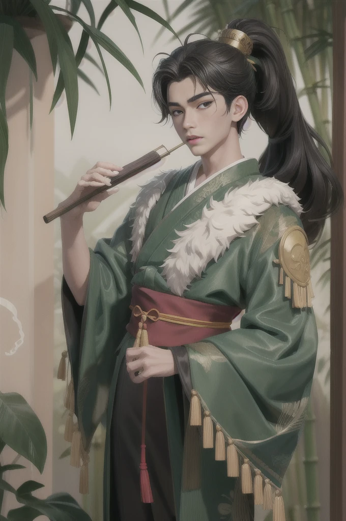 (masterpiece:1.2),best quality,PIXIV,Chinese style,hair ornament,solo,jewelry,black hair,long hair,boy in a bamboo forest, long black hair, ponytail, green headdress, carrying a lantern, bamboo leaves falling, hazy smoke, green Hanfu,23 year old boy,1boy,pretty 23 year old boy,professional boy photo, photo of boy 23 years old, perfect body boy,mature beautiful face,fair skin,super scale, 24k,hdr,perfect body boy,blush, big Ogi folding fan,parted lips,black eyes,tassel,lips,chinese clothes,pretty boy