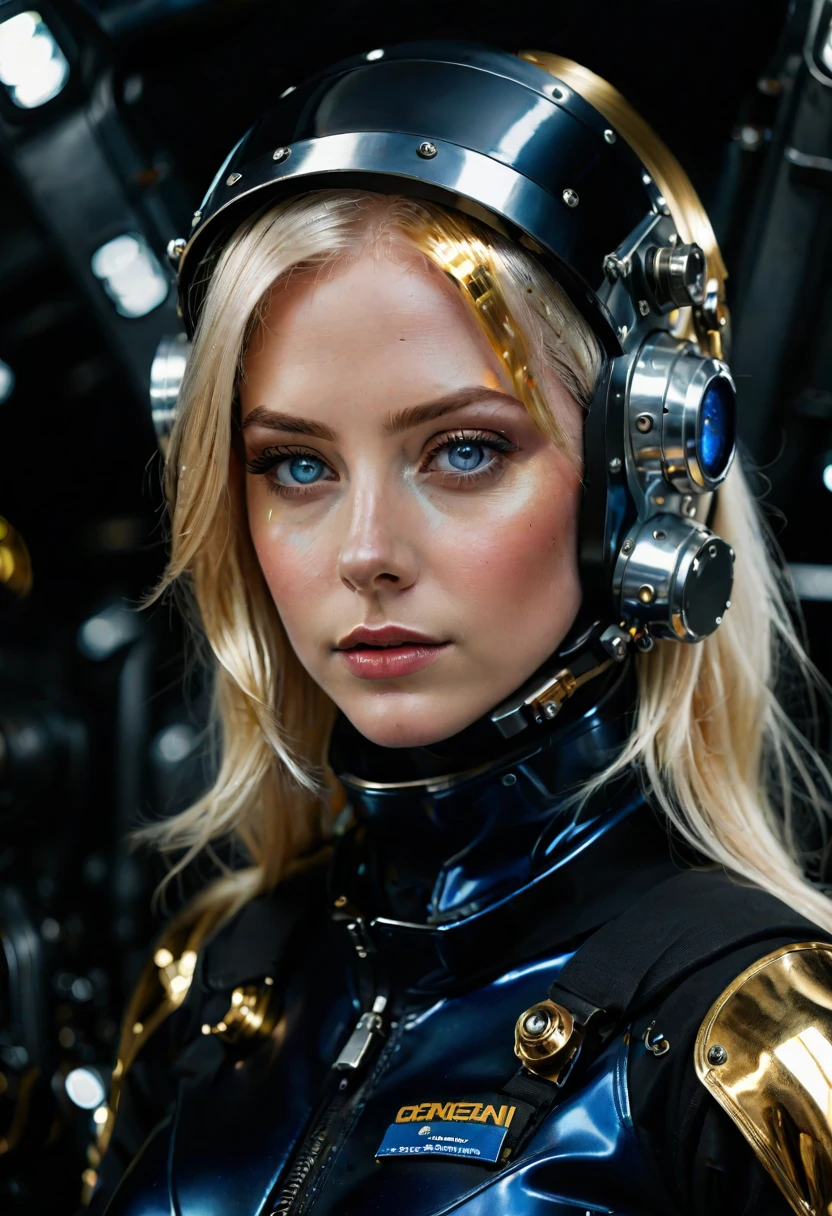 the most realistic and detailed industrial scene with exaggeration and raw photo quality Women with ,shimmering golden-platinum hair,deep blue eyes,black spacesuit