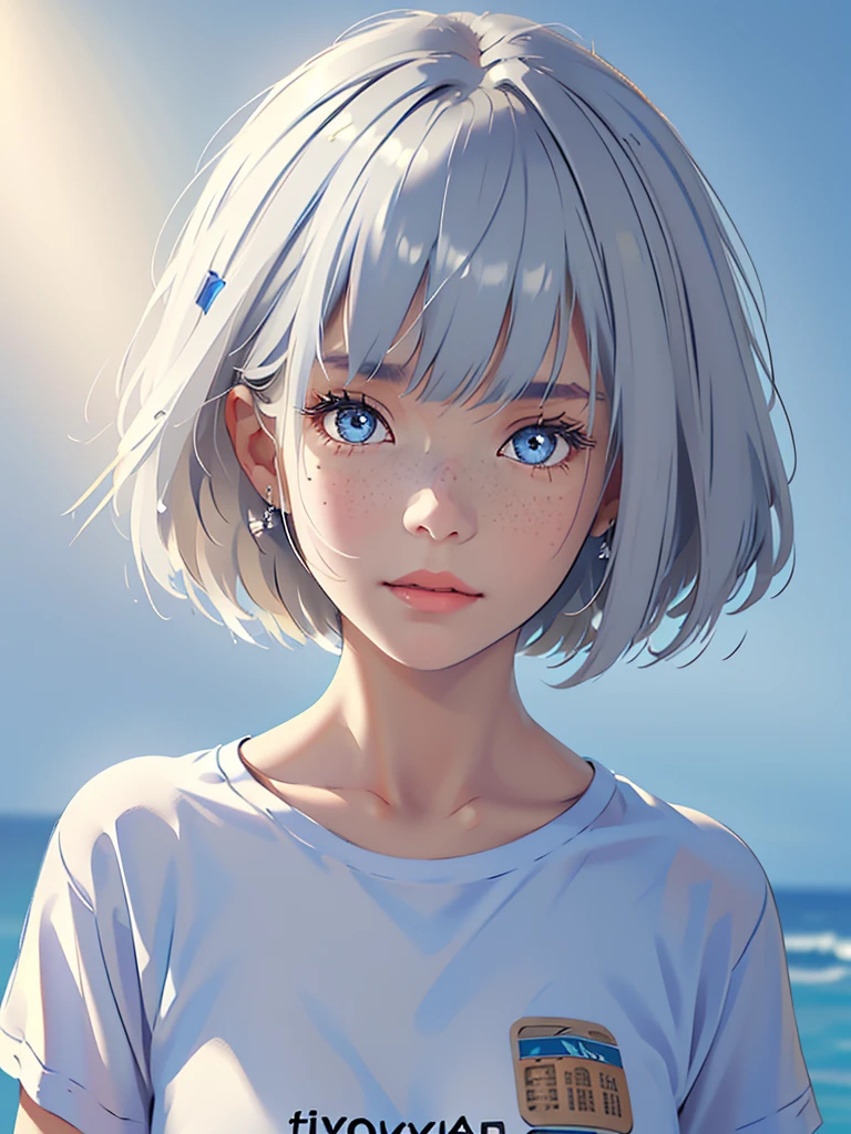 ((masterpiece)), ((best quality)), (ultra-detailed), ((extremely detailed)), 4K, (8K), best quality, a beautiful woman, ((beautiful light gray hair)), shiny hair, ((fluffy bob cut)), light blue eyes, detailed skin, freckled skin, flushed cheeks, 20 years old, , oversized t-shirt, graphic t-shirt, cowboyshot